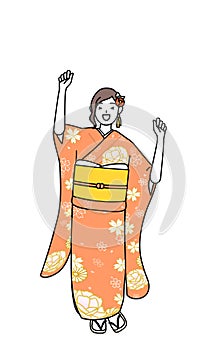 Woman in furisode smiling and jumping photo