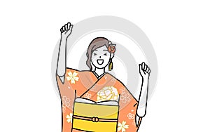 Woman in furisode smiling and jumping photo