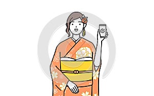 Woman in furisode using a smartphone at work photo