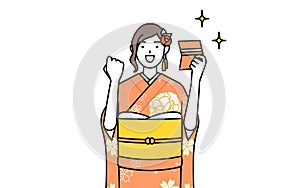 Woman in furisode who is pleased to see a bankbook photo