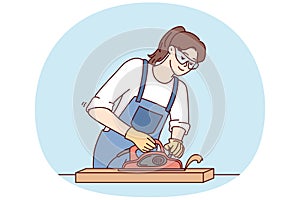 Woman furniture maker uses jointer to process wooden planks needed to create furniture. Vector image