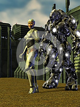 Woman with futuristic armor together with a combat robot, near a space base, 3d illustration