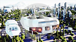 Woman in futuristic car flying over the city, town. Concept of the future. Aerial view. Super realistic 4k animation.
