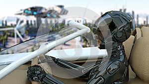 Woman in futuristic car flying over the city, town. Transport of the future. Aerial view. 3d rendering.