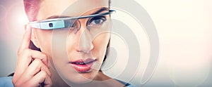 Woman, futuristic and press glasses for augmented reality, metaverse or internet. Face, cyber eyewear or smart tech for
