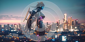 A woman in a futuristic suit standing on top of a building. Generative AI image.