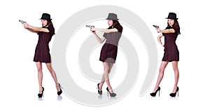 The woman gangster with handgun on white