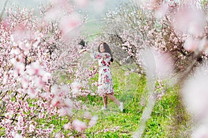 a woman in the garden of flowering peach trees in the spring