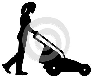 Woman gardener or farmer silhouette mows the grass with a lawn mower