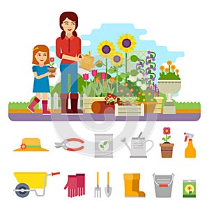 Woman gardener plants a flower and takes care of the flower garden. Gardening vector flat illustration, infographic