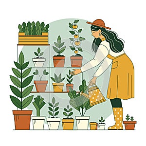 Woman Gardener Watering Plants in Pots