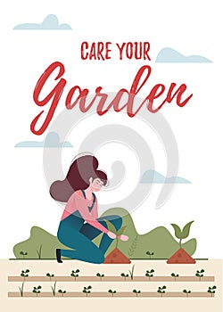 Woman gardening. Cartoon girl planting gardens, seedlings, flowers on white background.