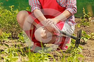 Woman with gardening tool working in garden