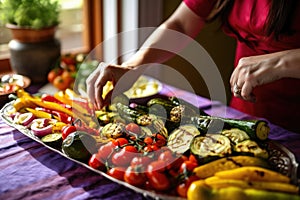 woman garnishing grilled veggies