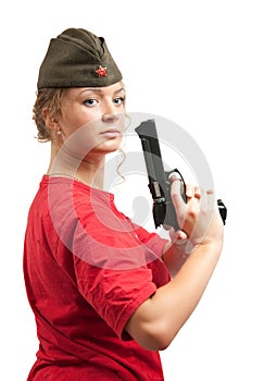 Woman in garrison cap with gun