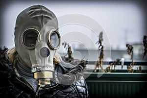 A woman with a gas mask