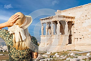 Woman Gazes at The Erechtheion or Temple of Athena Polias, Acropolis, Athens, Greece