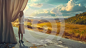 Woman gazing into the distance on a serene rural road. Peaceful nature scene with dramatic sky. Cinematic style portrait