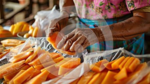 A woman gently packing sliced papaya into airtight plastic bags which will be frozen and preserved for future use in