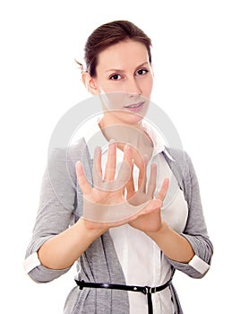 Woman gesture refusal isolated white photo