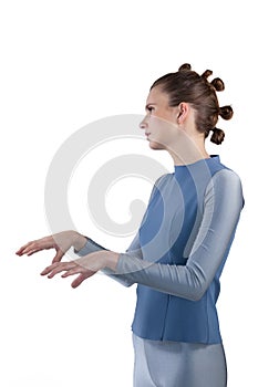 Woman gesturing against white background