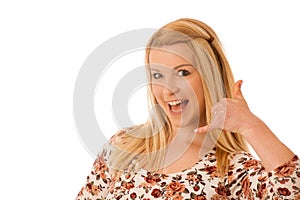Woman gesturing call me isolated over white background
