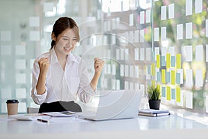 Woman gesturing and looks at laptop screen, businesswoman checking company monthly sales and pretending to be happy as sales meet