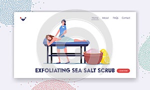 Woman Get Body Care and Spa Treatment . Landing Page Template. Young Female Character Lying on Table Receiving Massage