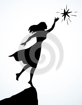 Woman get a star from the sky. Vector drawing