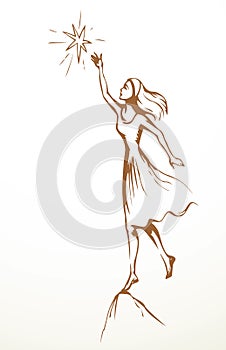 Woman get a star from the sky. Vector drawing