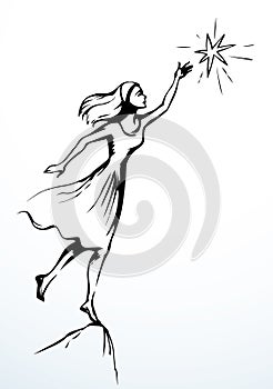Woman get a star from the sky. Vector drawing