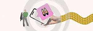 Woman getting commercial proposal. Hand with large smartphone featuring high heels. E-commerce, fashion retail, modern photo