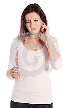 Woman getting earache from MP3 player photo