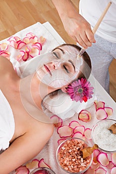 Woman getting facial mask at spa studio