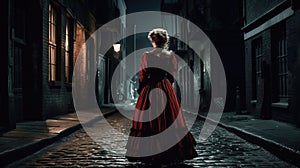 A woman ghostly figure, red spots on her victorian dress, looming the dark night in the street, ghost, frightening atmosphere,