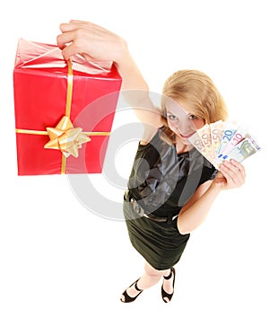 Woman with gift box and euro currency money banknotes.