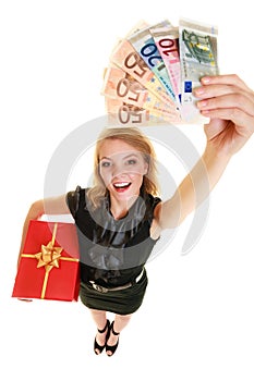 Woman with gift box and euro currency money banknotes.