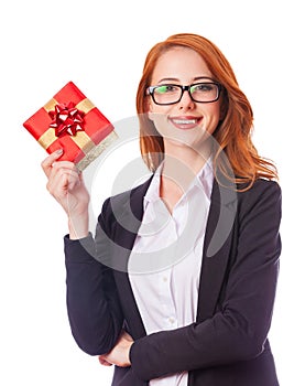 Woman with gift box in hands.