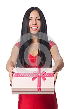 The woman with giftboxes isolated on white