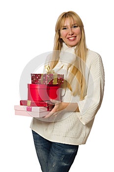 The woman with giftboxes isolated on white