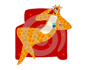 Woman in giraffe costume sits on red couch holding blue cup. Playful adult in animal onesie enjoying home comfort. Cozy