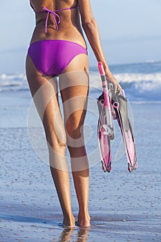 Woman Girl Beach in Bikini Snorkel Mask Flippers