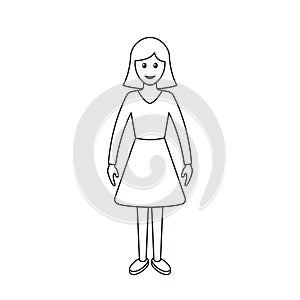Woman or girl in casual clothes, Female front view Vector line illustration