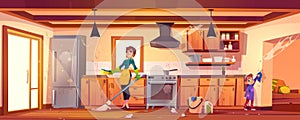 Woman and girl doing cleaning on kitchen