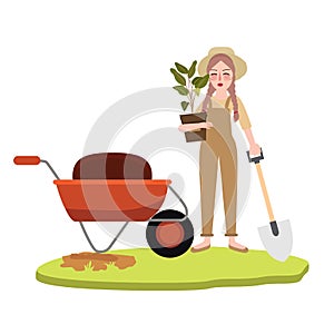 Woman girl gardening farming bring pot plant wearing hat cartoon character holding shovel