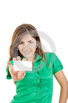 Woman or girl in green shirt with bussiness card against white b