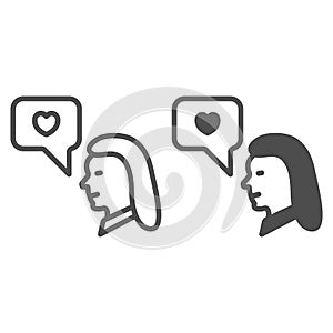 Woman, girl and heart in dialogue box line and solid icon, dating concept, love message vector sign on white background