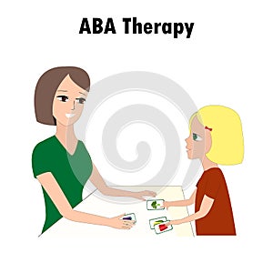 Woman and girl pointing ABA activities cards. One of autism treatment method. Little kid and instructor.