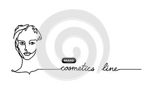 Woman, girl portrait, face. Cosmetics line vector web poster. One continuous line drawing of woman background, poster