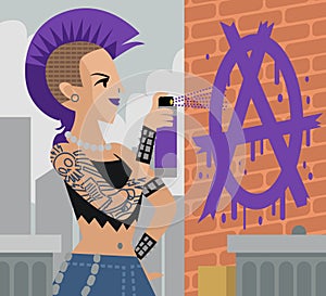 Woman girl punk painting a wall with spray can